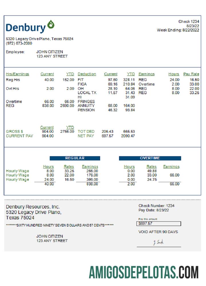 Recibo de pagamento da USA Denbury Resources Inc. exemplo real